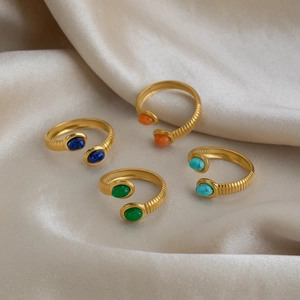 French vintage 18K gold plated stainless steel open rings with turquoise and lapis stones