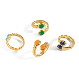 French vintage style 18K gold plated stainless steel open ring with colorful gemstones