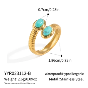 Detail of 18K gold-plated stainless steel ring with turquoise stones and size measurements