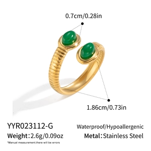 Detail showing the textured 18K gold stainless steel ring with green stone inlays
