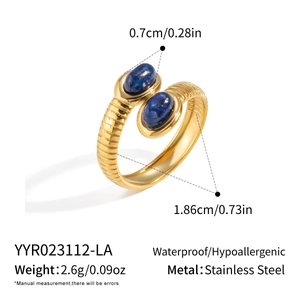 Detail view of gold stainless steel ring featuring dual oval blue lapis stones and texture