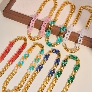 Stainless Steel Acrylic Dopamine Rainbow Chunky Chain Necklace And Bracelet For Women Fashion Colorful Patchwork Jewelry