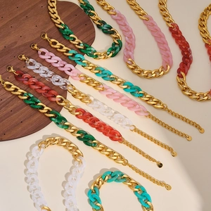 Detailed view of colorful acrylic and gold chain necklace and bracelet collection variants.