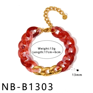 Detailed view of a chunky red and gold acrylic splicing chain bracelet with dimensions