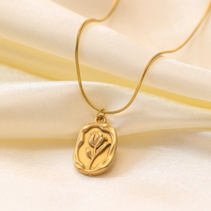 French Vintage Relief Floral Tulip Rose Pendant Necklace Gold Silver Titanium Steel Snake Chain For Women Elegant Daily Jewelry