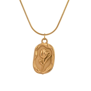 French vintage tulip embossed pendant necklace in matte gold finish with snake chain