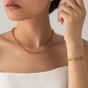 Chunky Oval Cuban Link Necklace And Bracelet 18K Gold Plated Stainless Steel Minimalist Jewelry For Women