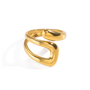 Chunky 18K gold-plated stainless steel open ring with fluid geometric organic design.