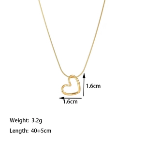 Minimalist hollow heart pendant necklace in gold finish with precise sizing details