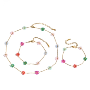Summer flower jewelry set with colorful beaded charms on gold stainless steel chain