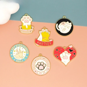 Women Cartoon Zinc Alloy Enameled Cat Paw Kitty Round Heart Charms For DIY Necklace Earrings Jewelry Making Accessories Pendants