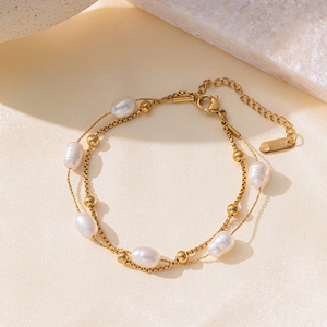 Double Layer Pearl Bracelet Stainless Steel 18K Gold Plated Freshwater Pearl Adjustable French Minimalist Women Jewelry