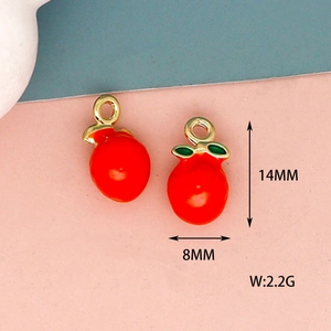 Close-up of red fruit enamel charm showing 14mm height and 8mm width dimensions