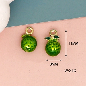 Detailed view of green fruit alloy charm showing 14mm height and 8mm width dimensions
