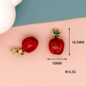 Macro view of red strawberry enamel charms with 18.5mm height and 10mm width info