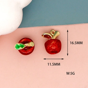 Detailed view of a red enamel apple charm with clear size dimensions and weight info