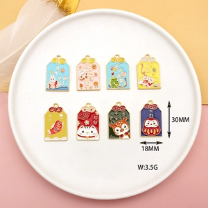 Detail showing a variety of colorful lucky charm alloy pendants on a white plate
