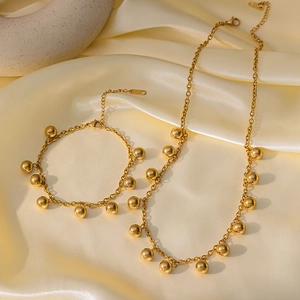 Elegant 18K Gold Plated Stainless Steel Jewelry Set Necklace And Bracelet With Polished Beads For Women Minimalist Style