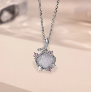 Elegant S925 silver shell pendant necklace with iridescent mother of pearl and pink zircon