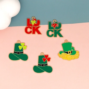St. Patrick's Day alloy charms with green hat and luck text for DIY jewelry making