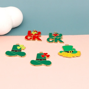 St. Patrick's Day enamel charms featuring shamrocks and Luck hats for DIY jewelry