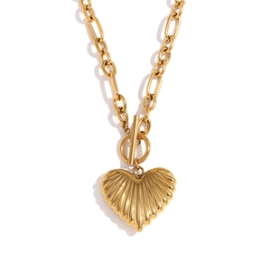18k gold plated heart pendant necklace with toggle clasp and paperclip chain