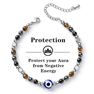 6mm Natural Tiger Eye Obsidian Hematite Triple Protection Bracelet Women Adjustable Stainless Steel Chain Healing Energy Yoga Meditation Jewelry Bracelet
