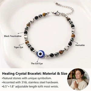 Detail of healing crystal bracelet with tiger eye stones and evil eye bead.