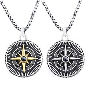 Viking Compass Rose Pendant Necklace Stainless Steel Nautical Jewelry With Round Turquoise Retro Nordic Style For Men Women