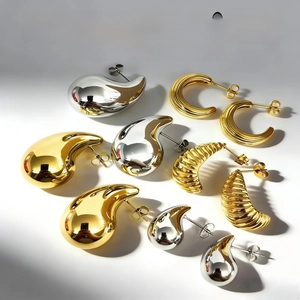 Stainless Steel Water Drop And Croissant Hoop Earrings 18K Gold Plated Twisted Ribbed Geometric Studs For Women