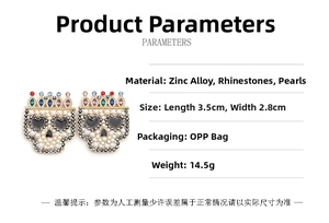 Gothic skull earrings with pearls and heart rhinestones showing detailed dimensions