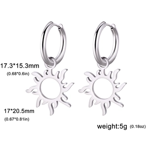 Silver hollow sun pendant hoop earrings with geometric cutouts and detailed dimensions