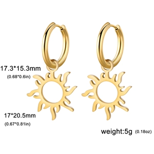 Golden stainless steel heart earrings with sun pendant and specific size measurements