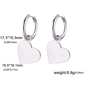Polished silver heart drop earrings in 304 stainless steel with dimension markings
