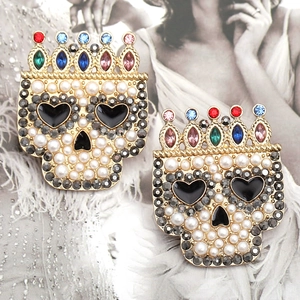 Gothic skull brooch with colorful crown and pearls, punk style jewelry for women