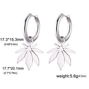 Silver stainless steel huggie earrings with maple leaf pendant on white background