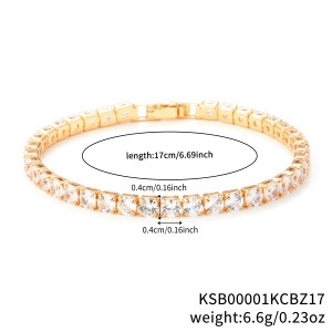 Gold plated hip hop tennis bracelet with rows of square cubic zirconia stones