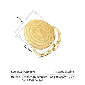 Adjustable golden stainless steel open ring with textured concentric oval design