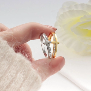 Cross rings set in gold and silver finish with sparkling cubic zirconia for women