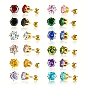 Set of 12 pairs of gold-plated stainless steel stud earrings with colorful cubic zirconia