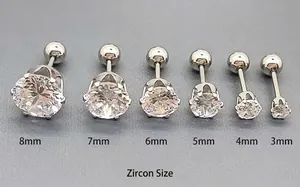 Detailed size comparison of 3mm to 8mm cubic zirconia stud earrings with screw back ball