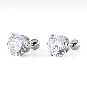 Titanium steel crown stud earrings with six-prong set cubic zirconia and screw ball backs