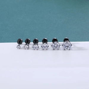 Set of six black stainless steel stud earrings with clear cubic zirconia in varying sizes