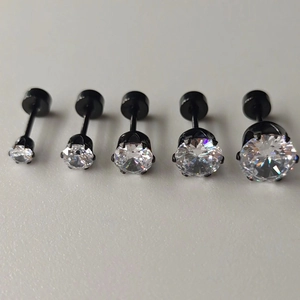 Set of five black titanium steel crown stud earrings with clear cubic zirconia in gradient sizes
