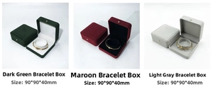Three-color velvet jewelry boxes for bracelets in green, burgundy, and gray, 90x90x40mm size