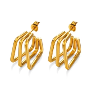 Minimalist gold three-layer geometric square earrings in high-polished stainless steel