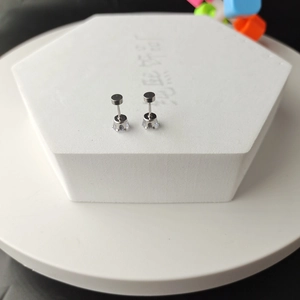 Detail of round cubic zirconia stud earrings with flat back screw design in silver