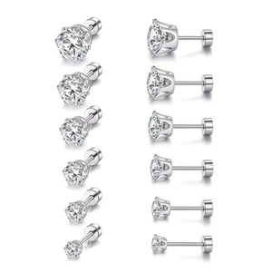 Six pairs of titanium steel stud earrings with crown six-prong cubic zirconia settings