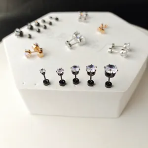Titanium steel zircon stud earrings set in silver gold and black finishes of various sizes