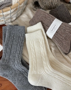 Detail of wool cable knit crew socks in earthy tones on a soft textured blanket